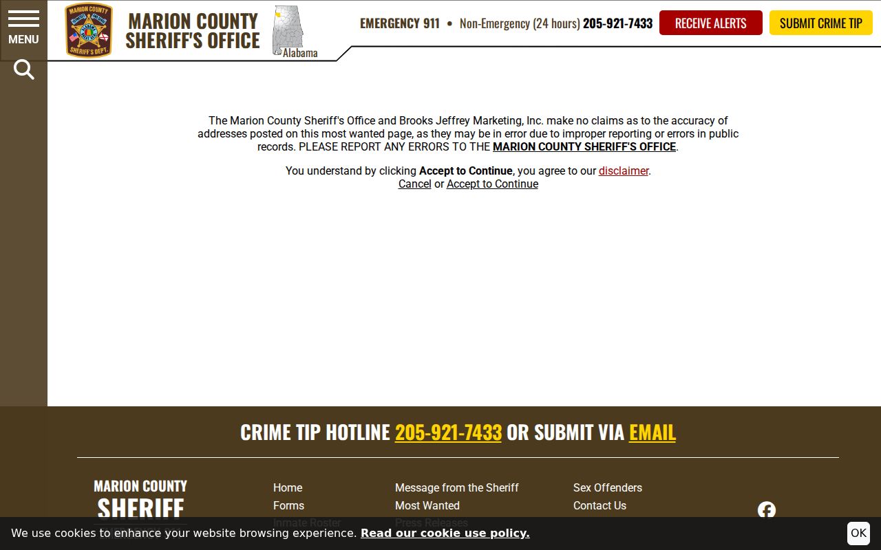 Marion County criminal history sheriff most wanted disclaimer